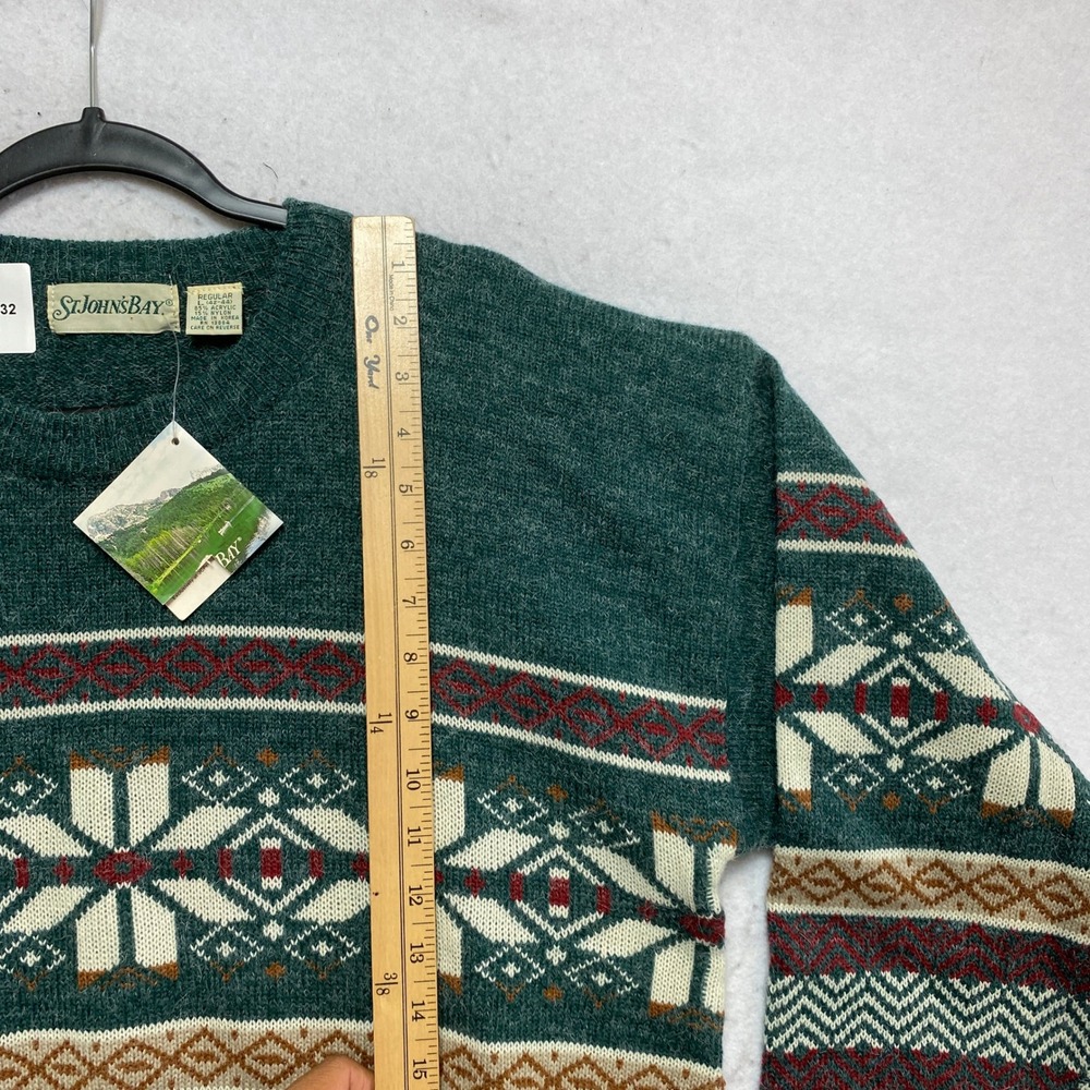 St Johns Bay Sweater Mens Large Green Fair Isle Snowflake Knit Vintage NWT - Picture 2 of 8
